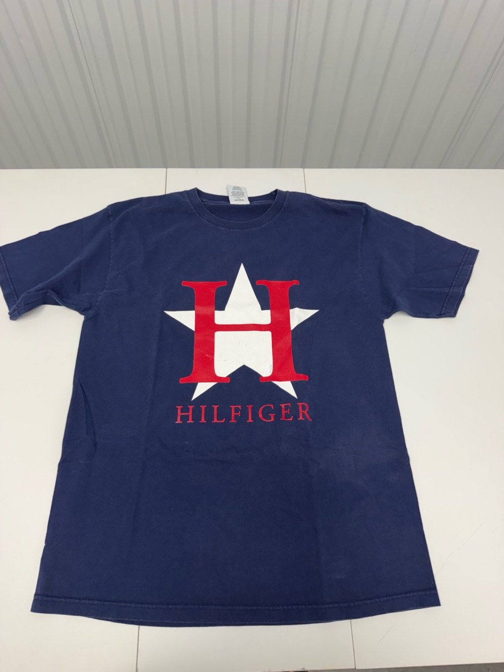 Vintage Tommy Hilfiger Navy Tee with Red H and White Star Graphic